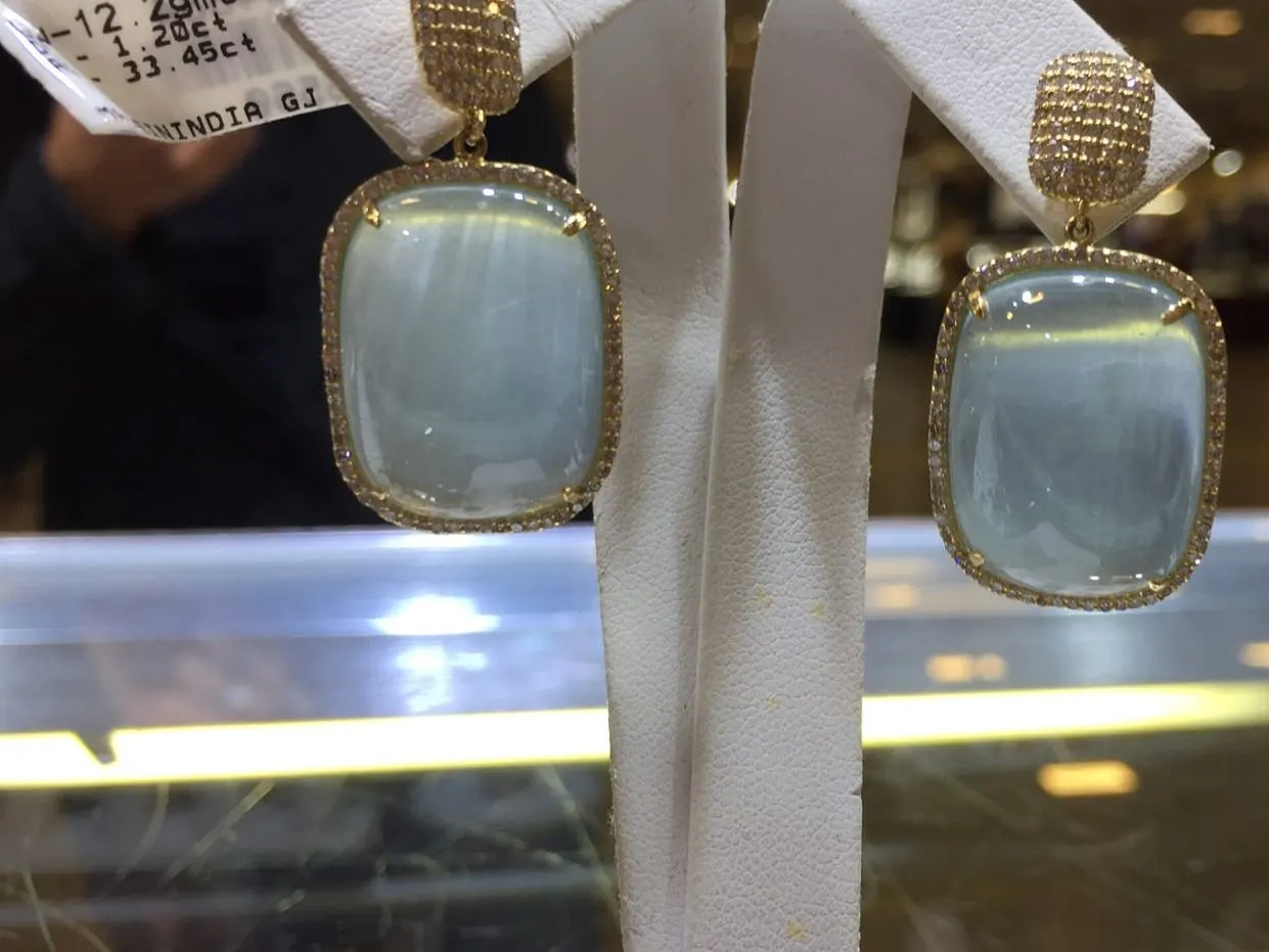 Aquamarine Cabochon & Diamond Drop Earrings