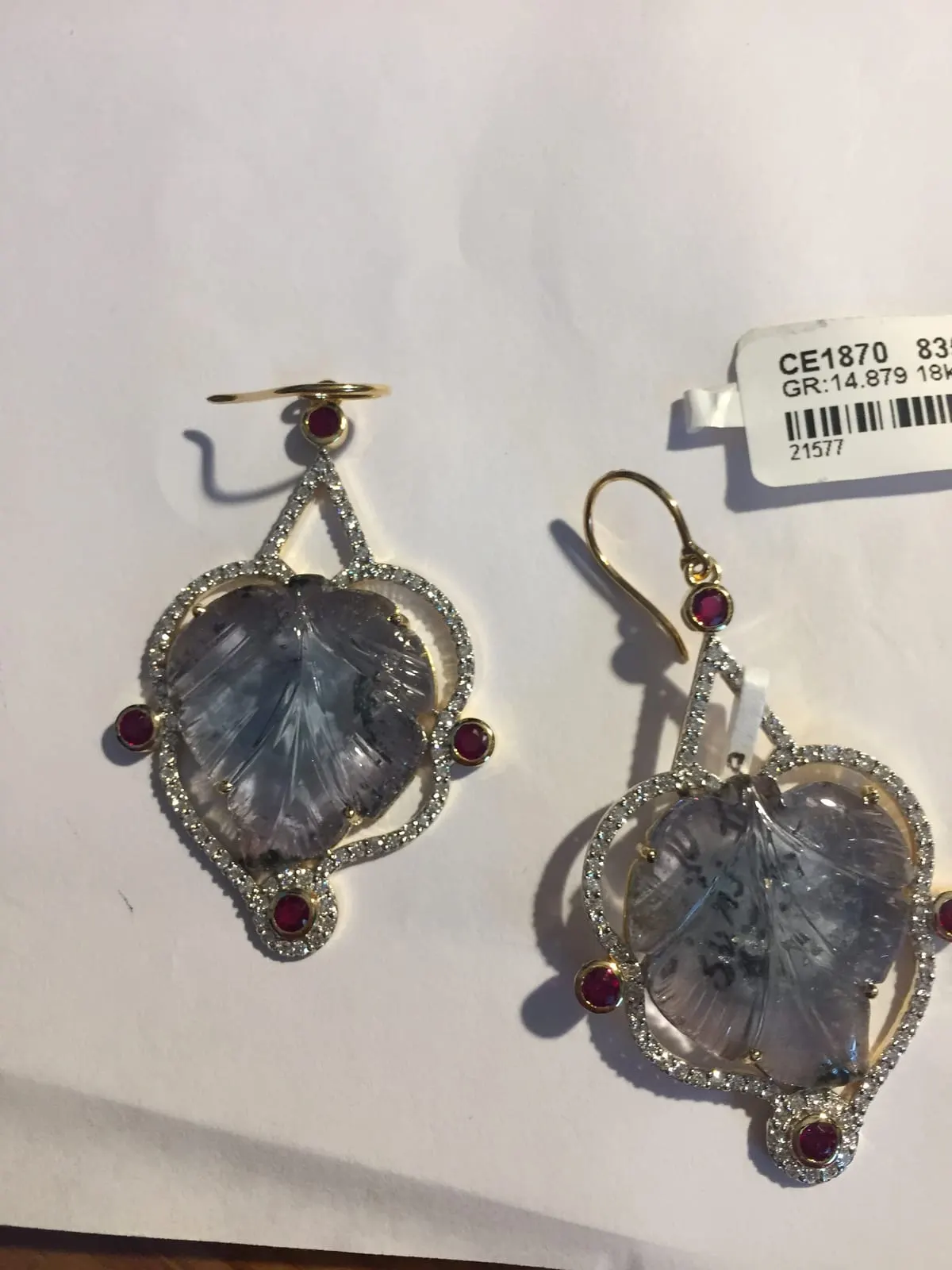 Carved Gemstone & Ruby Drop Earrings — 18K