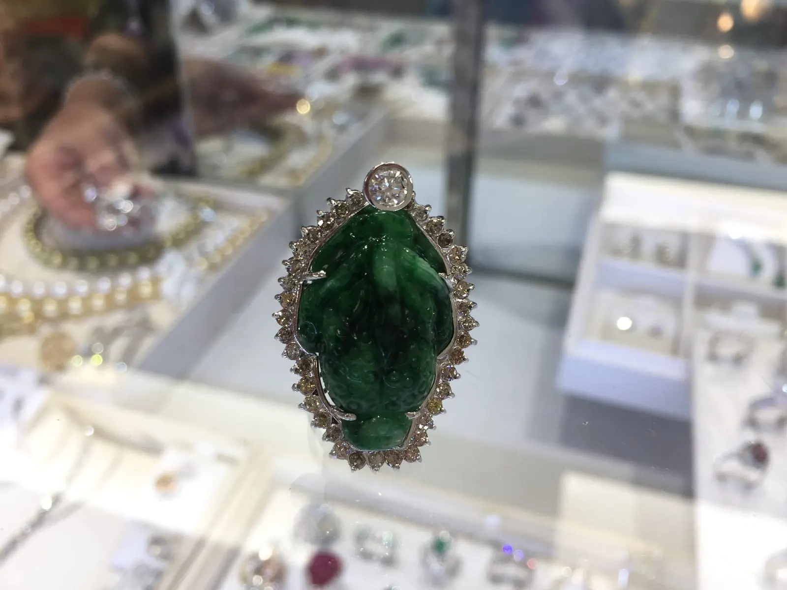 Carved Imperial Green Jadeite Pendant — Diamond Halo