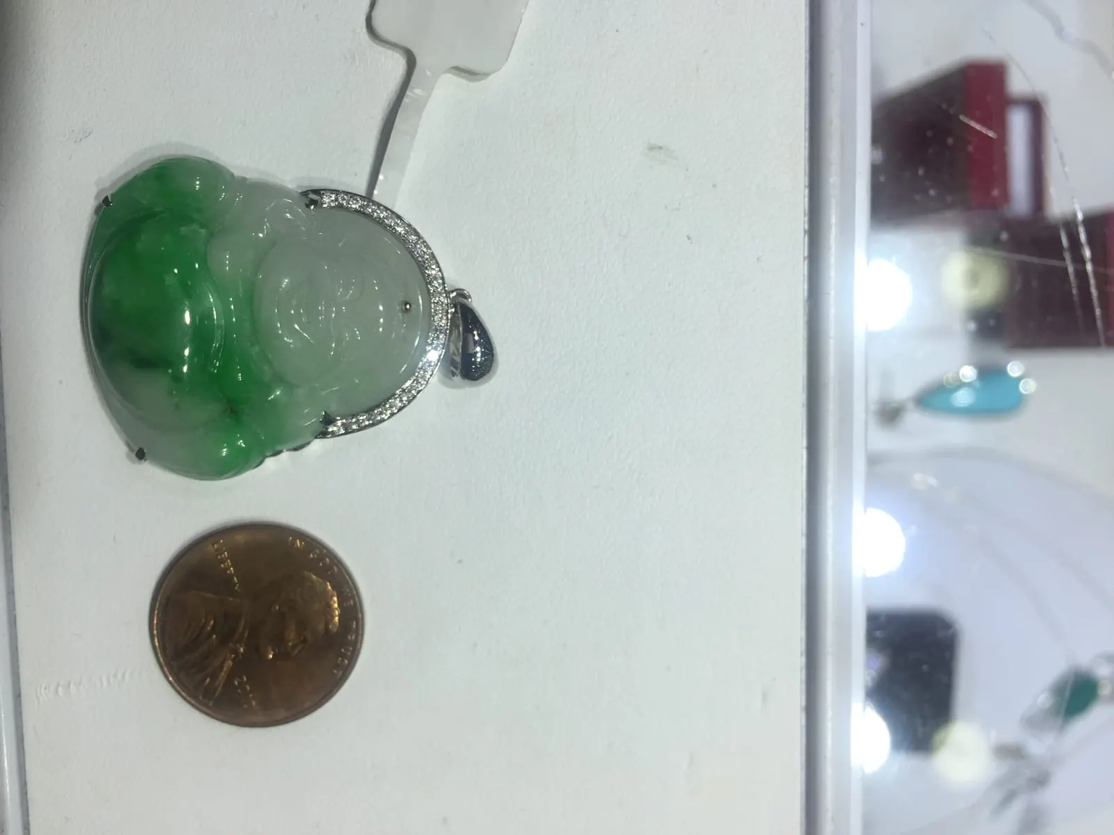 Carved Jadeite Laughing Buddha Pendant — Bicolor