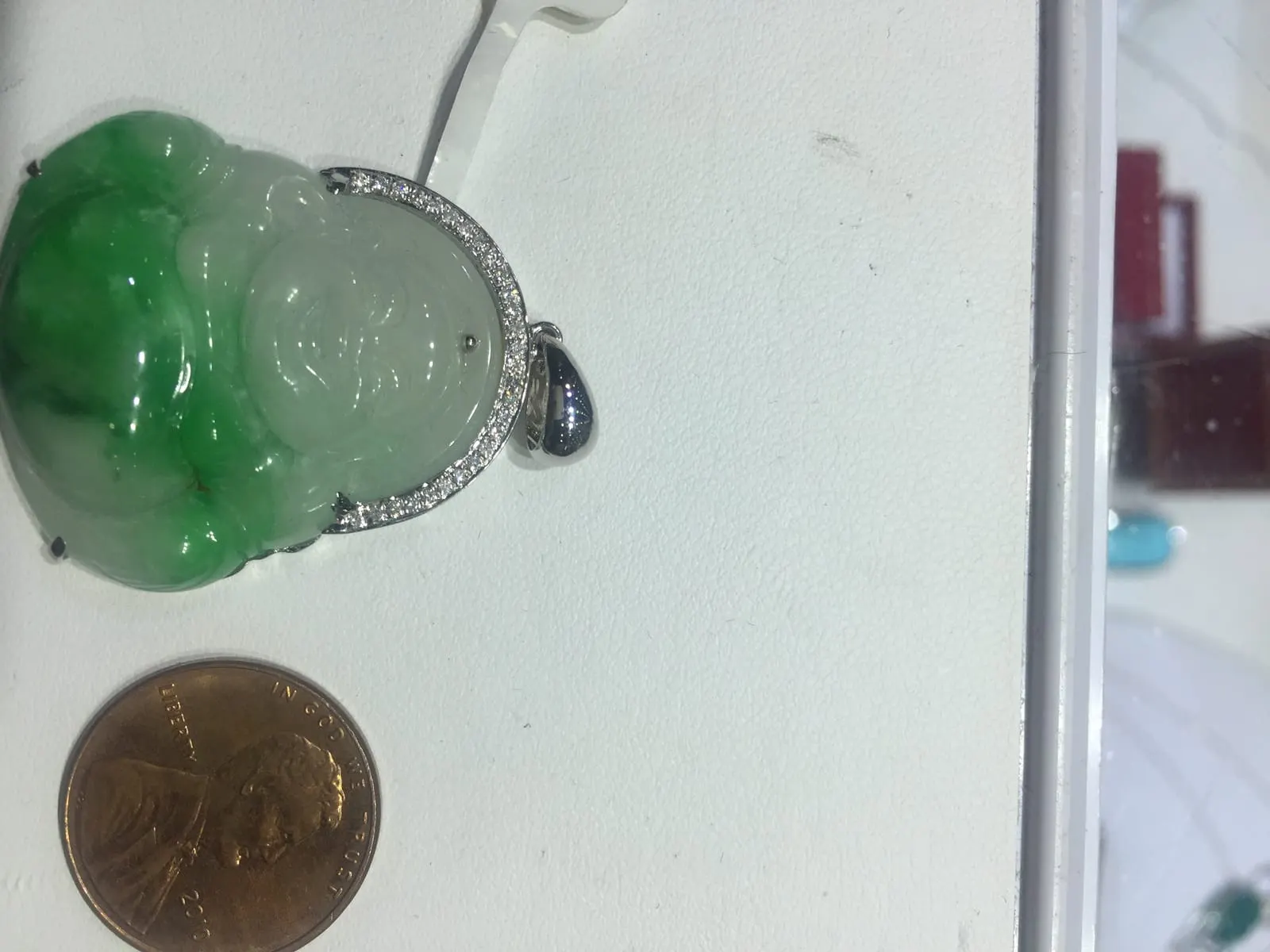 Carved Jadeite Laughing Buddha Pendant — Diamond Halo