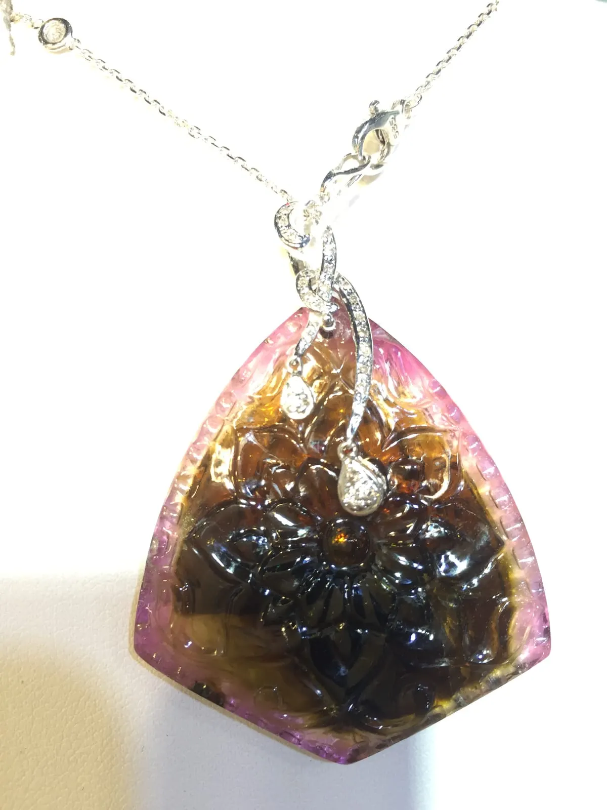 Carved Watermelon Tourmaline Shield Pendant