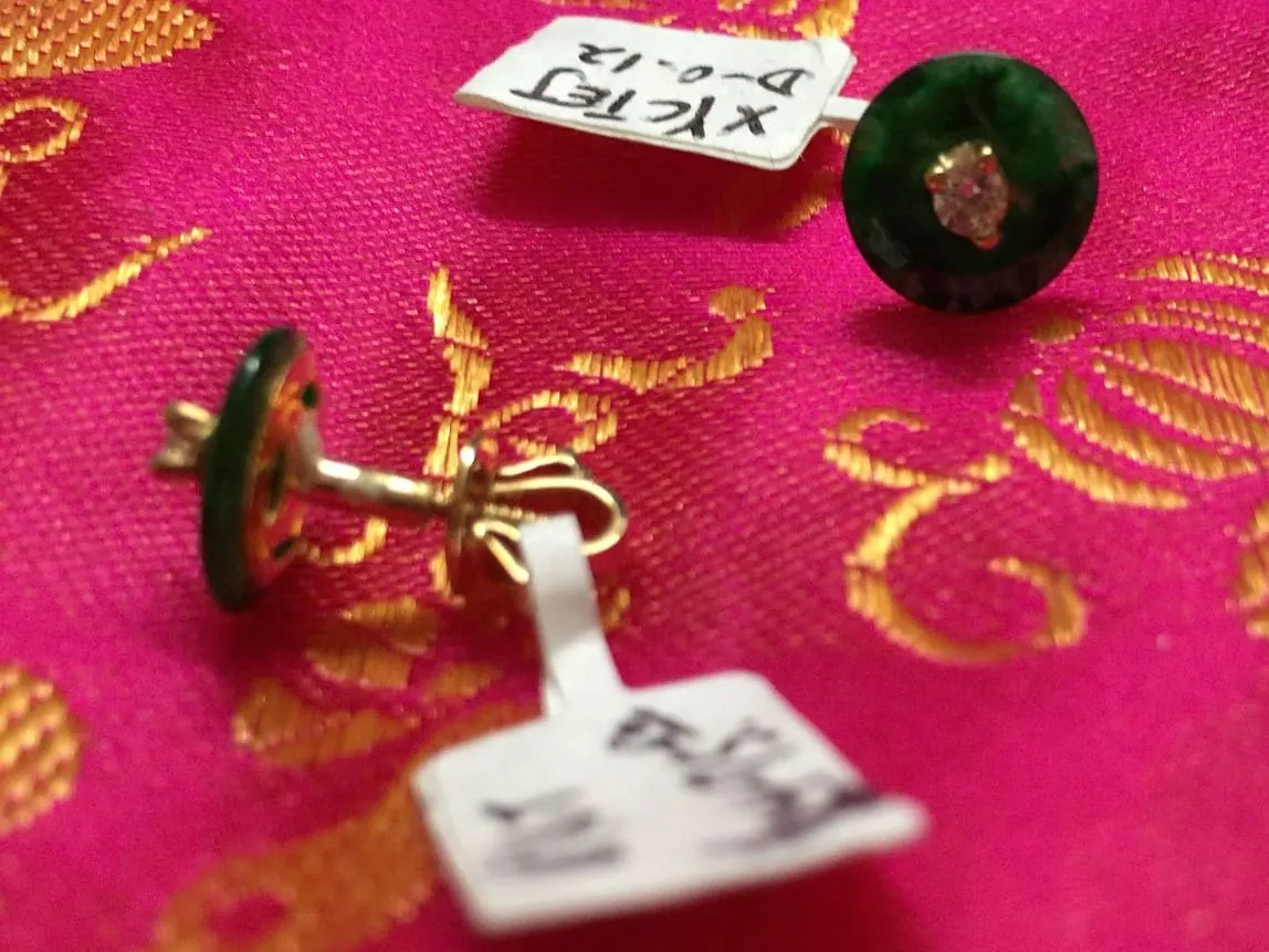 Dark Jade & Diamond Disc Stud Earrings