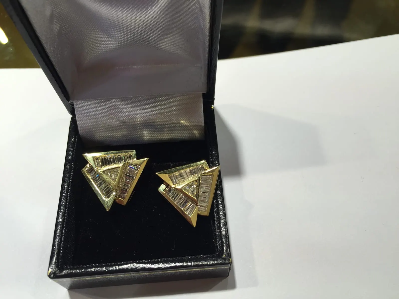 Gold Baguette Diamond Triangle Earrings