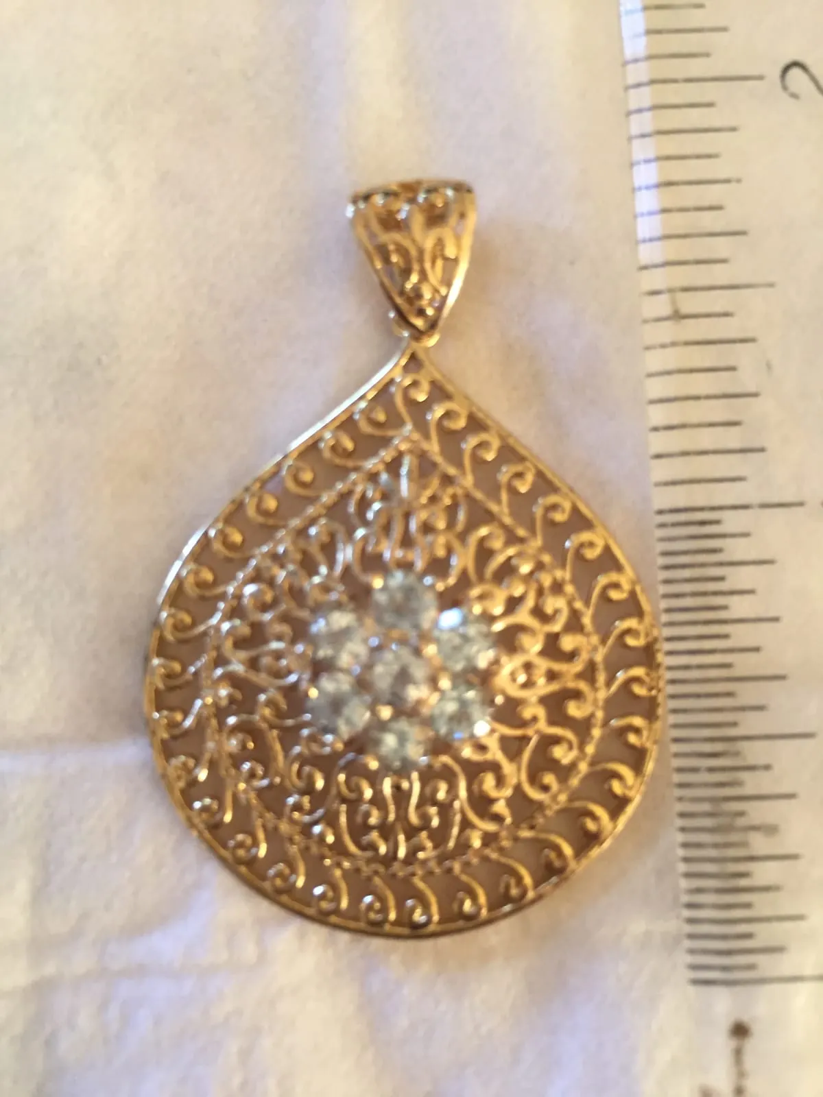 Gold Filigree Teardrop Pendant with Diamonds