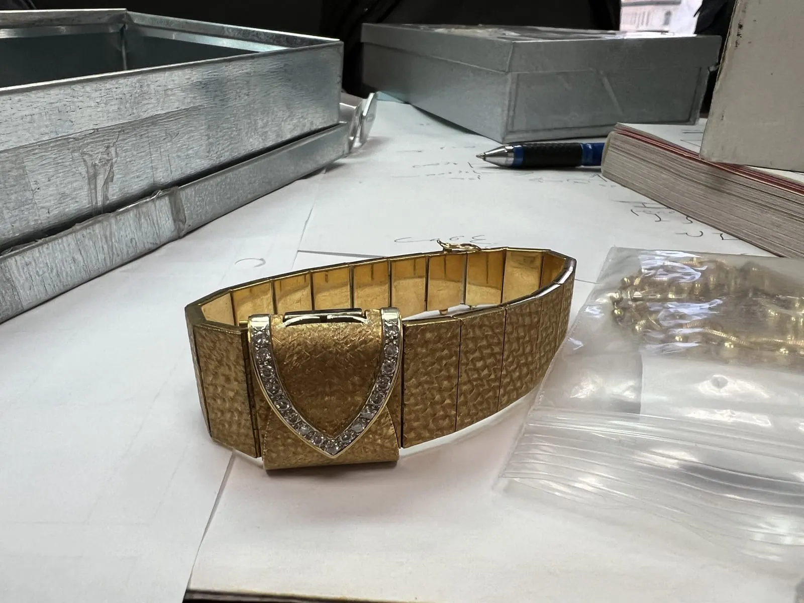Gold Textured Buckle Bracelet with Diamonds