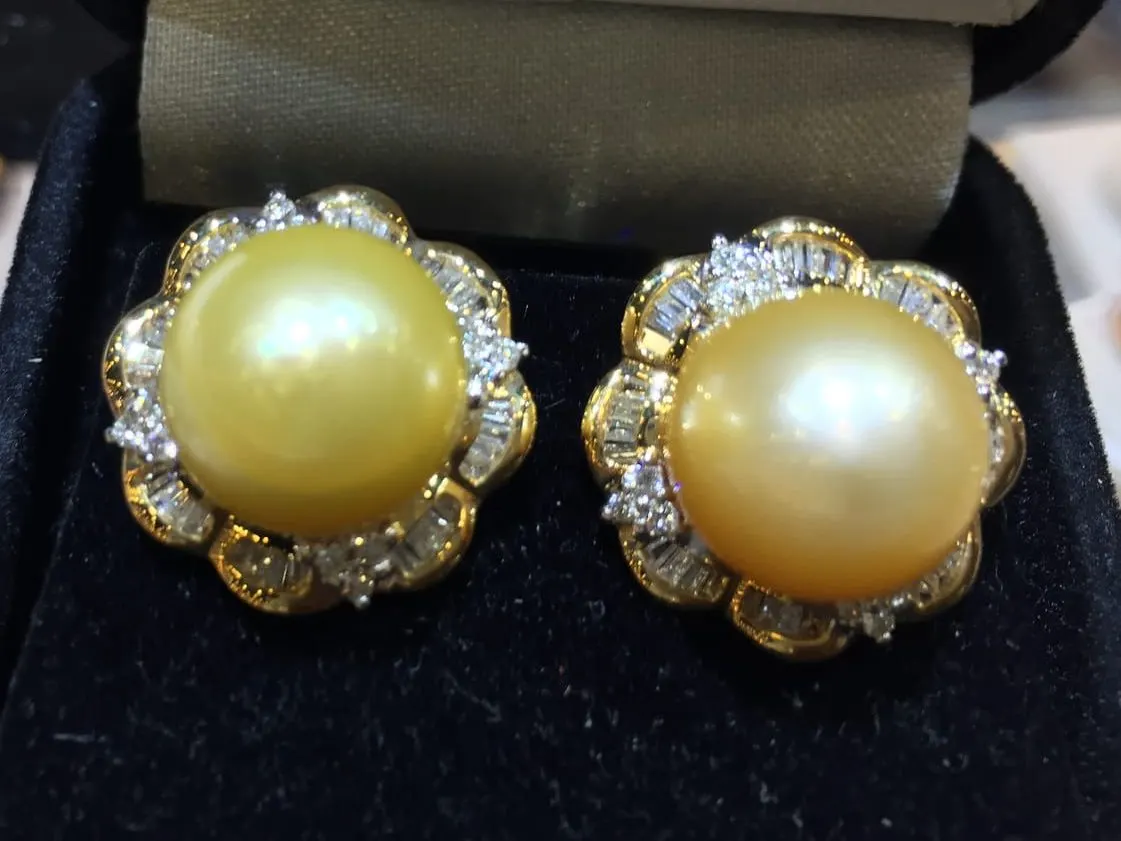 Golden South Sea Pearl & Diamond Floral Halo Earrings