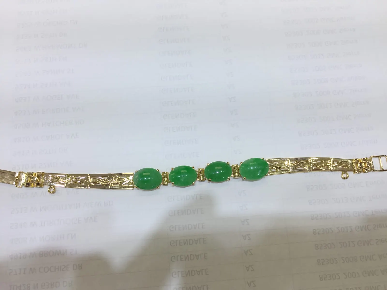 Green Jade Three-Stone Gold Link Bracelet
