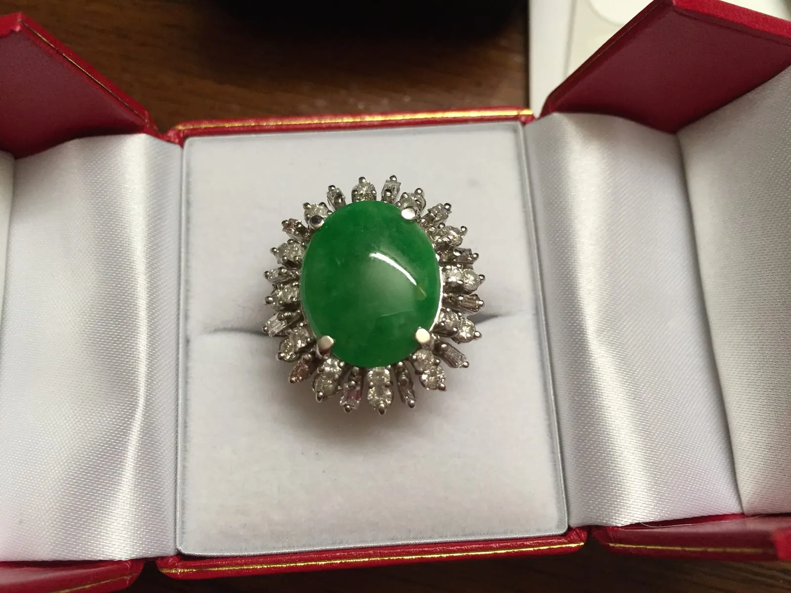 Green Jadeite Cabochon Ring — Diamond Sunburst Halo