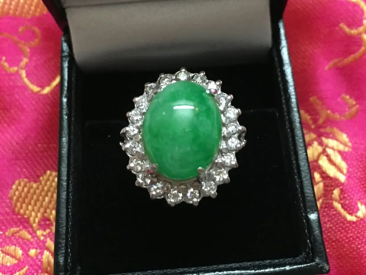 Green Jadeite & Diamond Halo Cocktail Ring