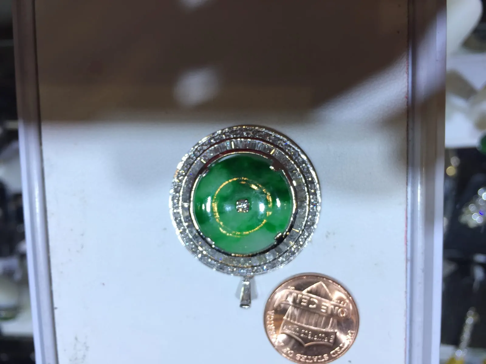 Green Jadeite Donut — Double Diamond Halo Pendant