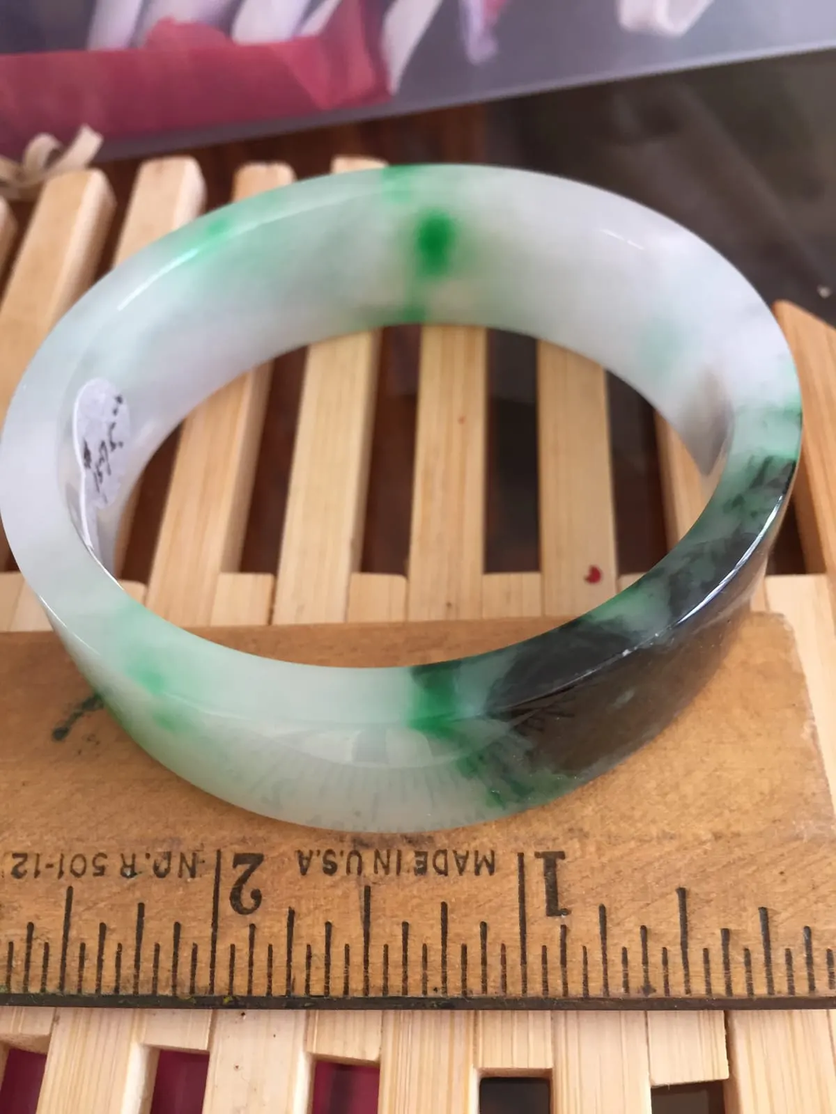 Icy White Jadeite Bangle — Green Spots