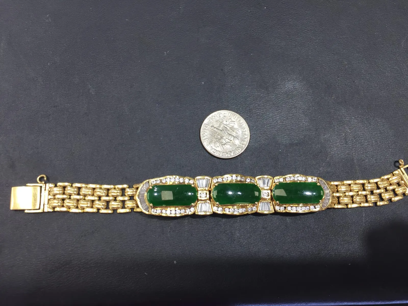 Imperial Green Jadeite Three-Stone Gold Bracelet