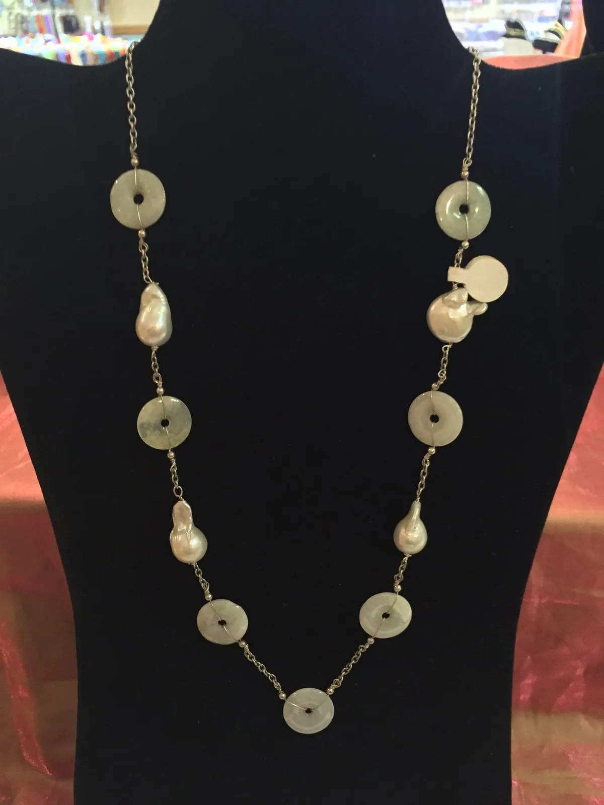 Jade Bi Disc & Baroque Pearl Station Necklace