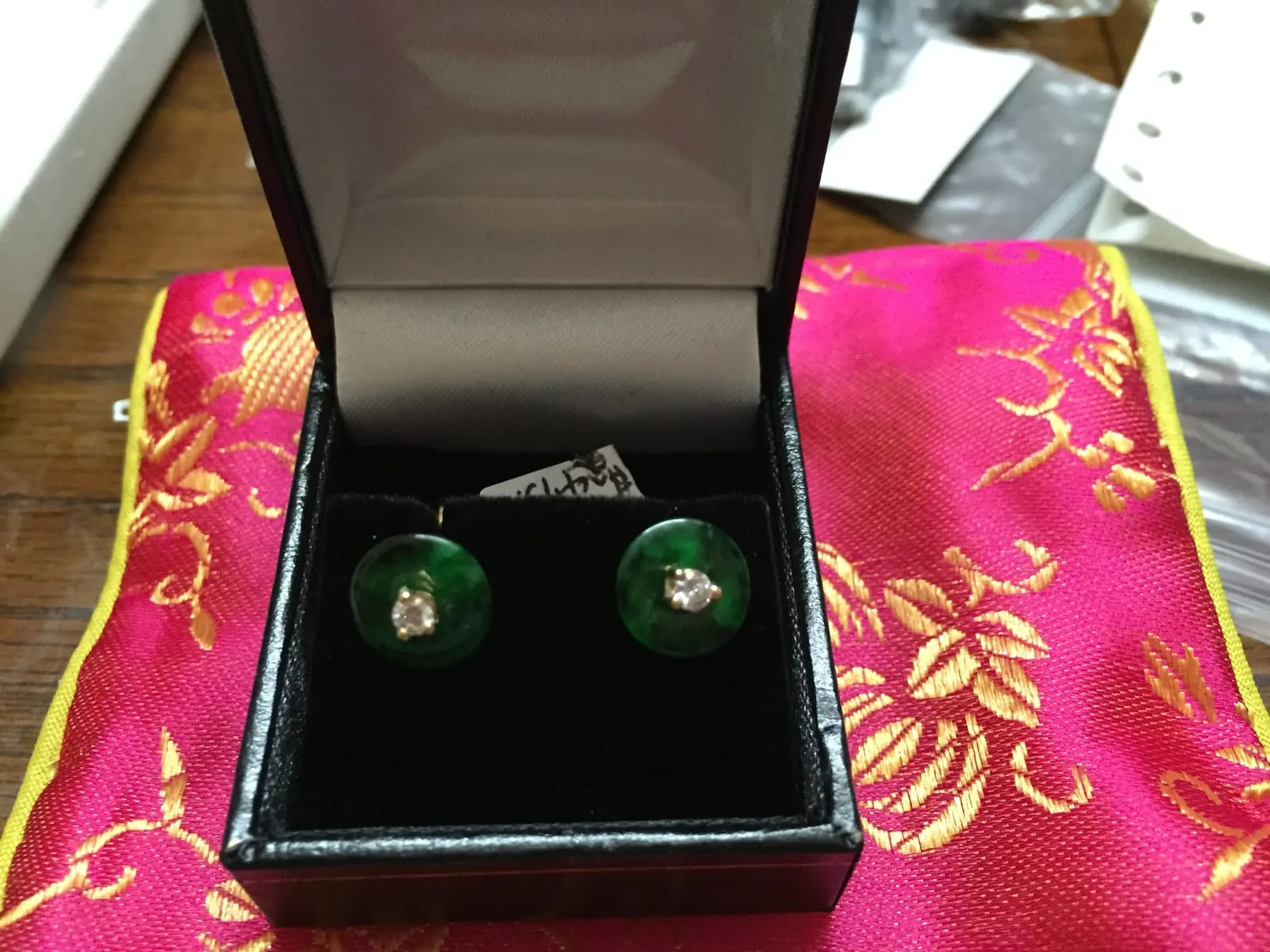Jade Disc Diamond Center Stud Earrings