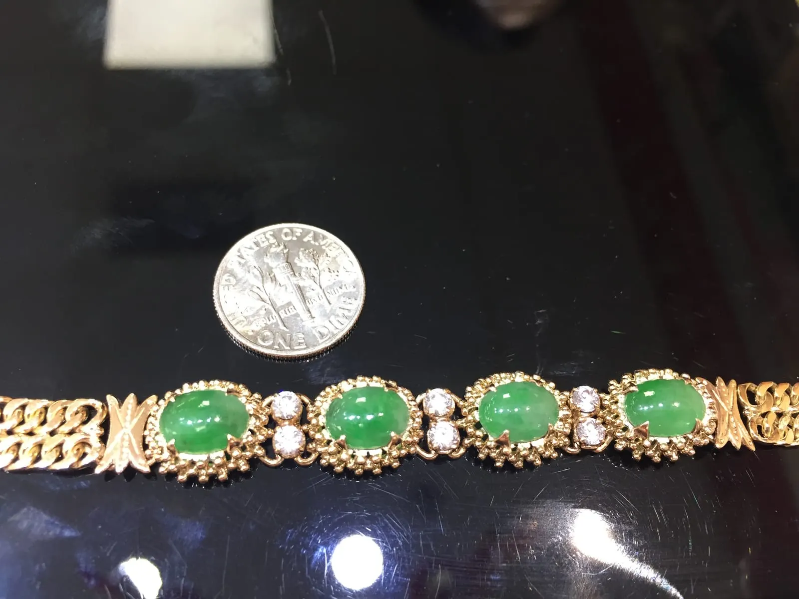 Jadeite Cabochon & Diamond Bracelet — Gold Filigree
