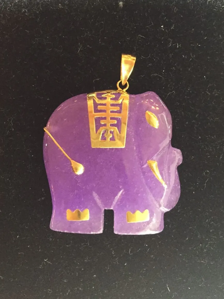 Lavender Jade Elephant Pendant — Gold Inlay
