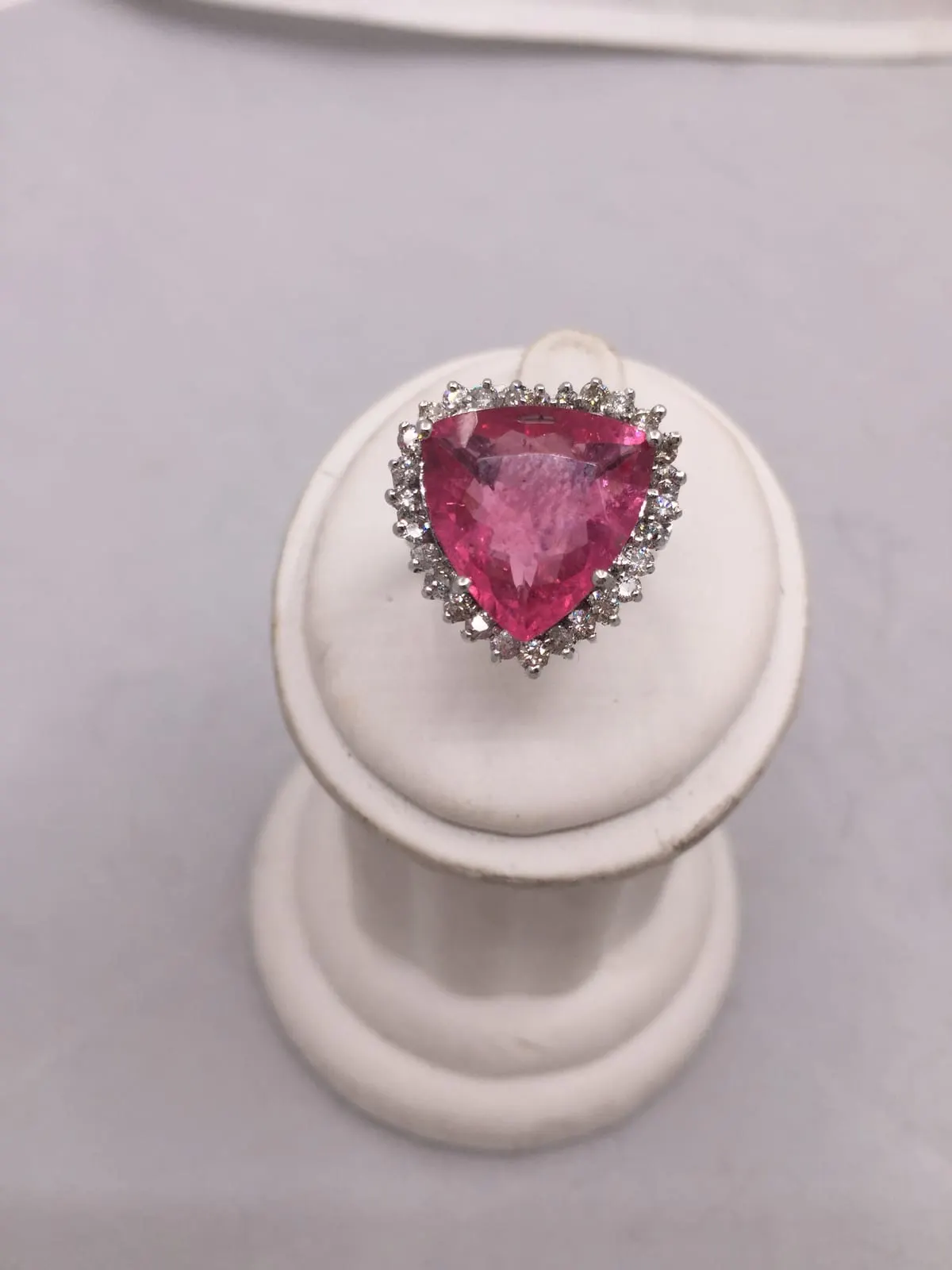 Pink Tourmaline Trillion Diamond Halo Ring