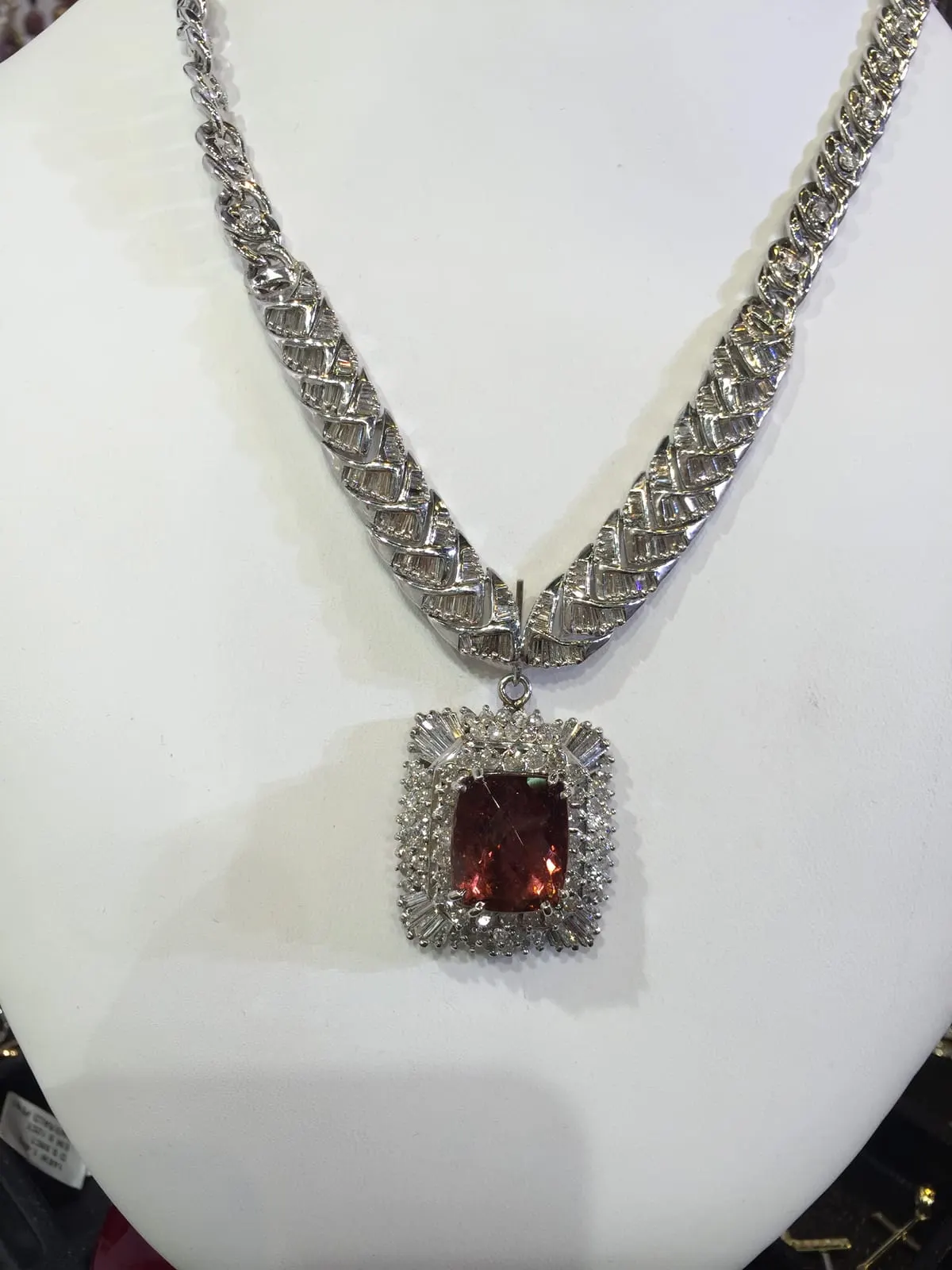 Red Gemstone & Diamond Pendant Necklace — Baguette Chain