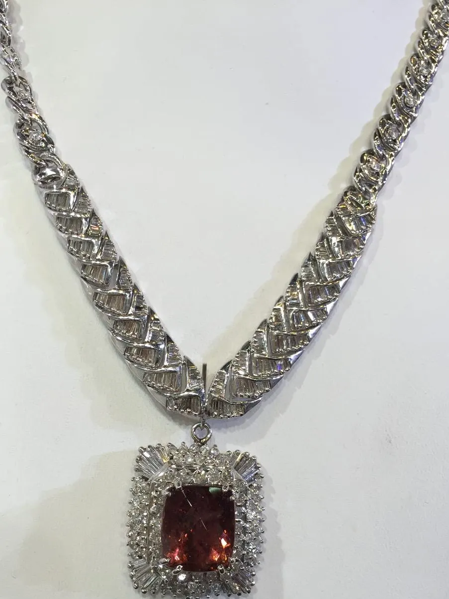 Red Gemstone & Diamond Pendant Necklace — Baguette Chain
