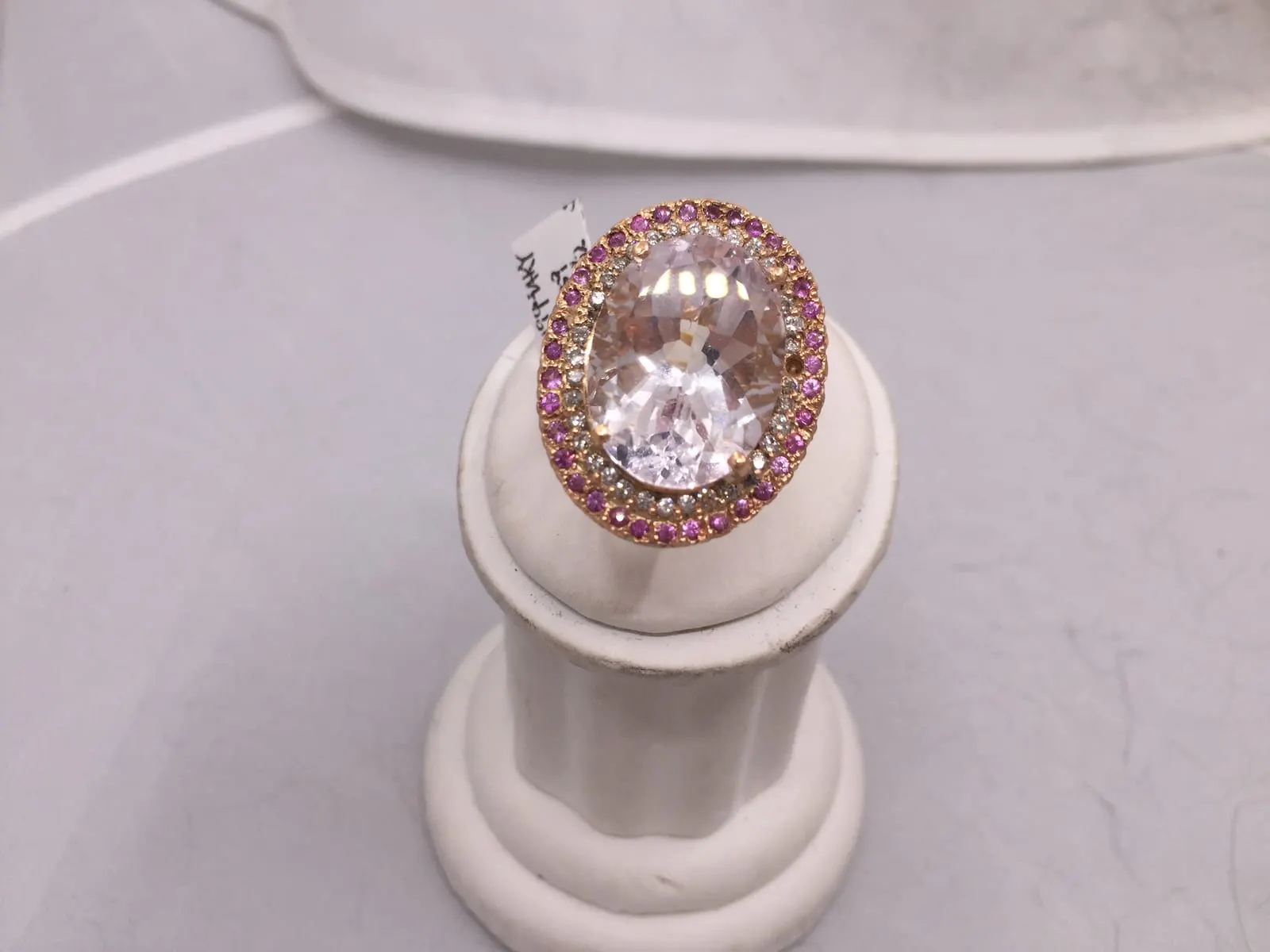 Rose Gold Kunzite & Pink Sapphire Double Halo Ring