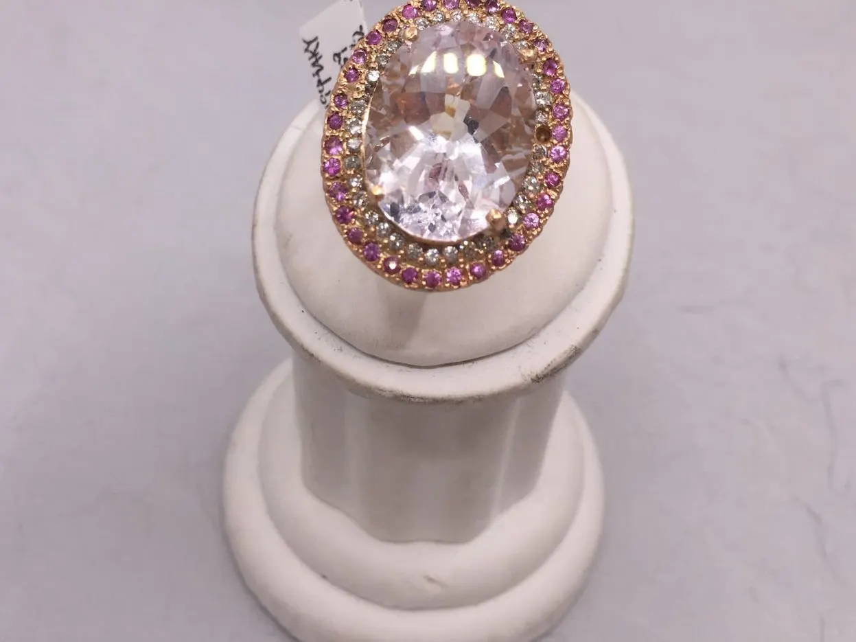 Rose Gold Kunzite & Pink Sapphire Double Halo Ring
