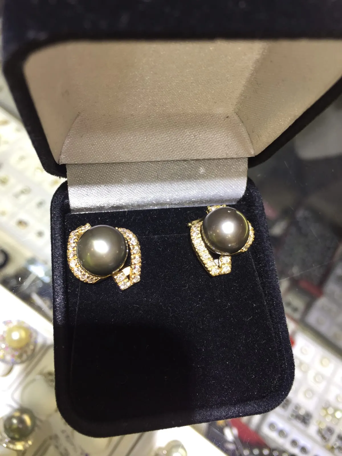 Tahitian Pearl & Diamond C-Setting Stud Earrings