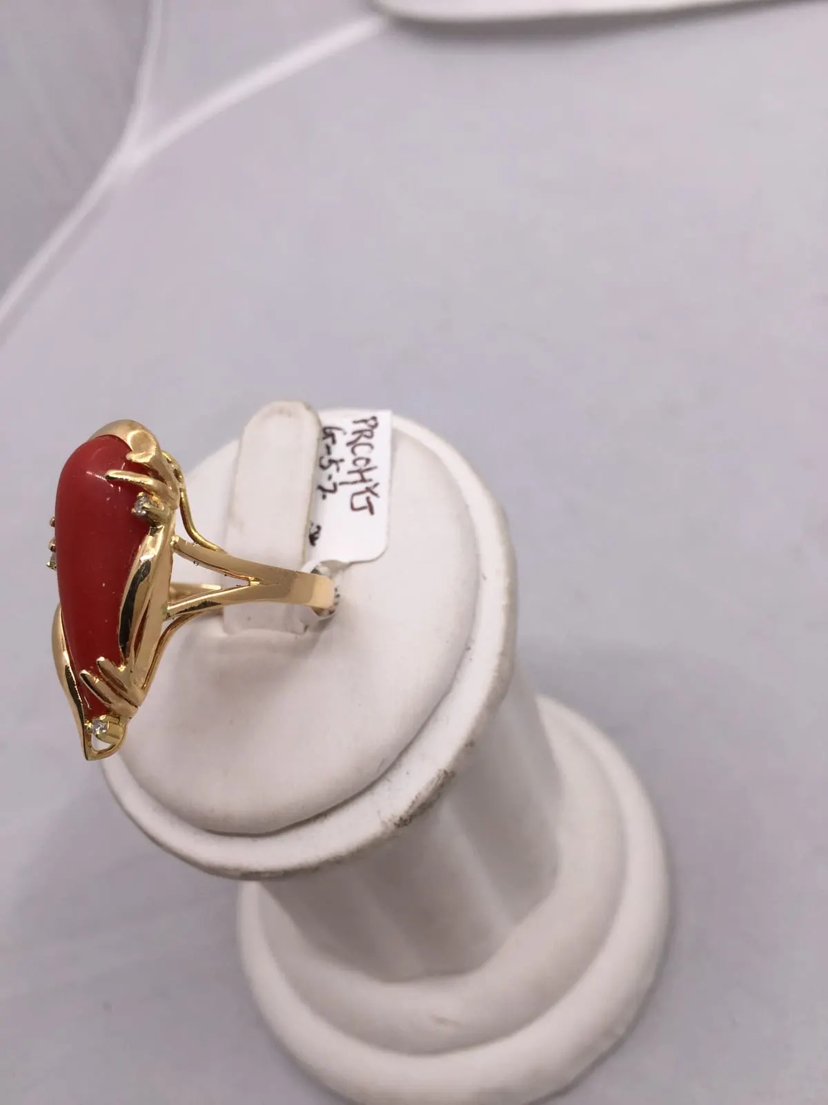 Yellow Gold Red Coral & Diamond Sculptural Ring